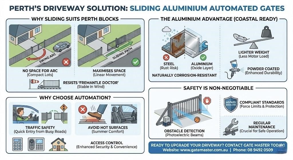 Perth Driveways Solution sliding aluminium automated gates and fencing infographic