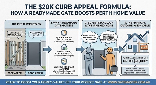 Modern readymade gate boosts curb appeal and home value in Perth with stylish secure entry design