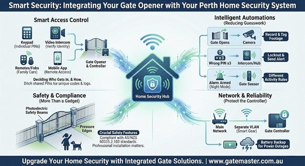 Infographic showing smart gate integration with Perth home security system for safety automation